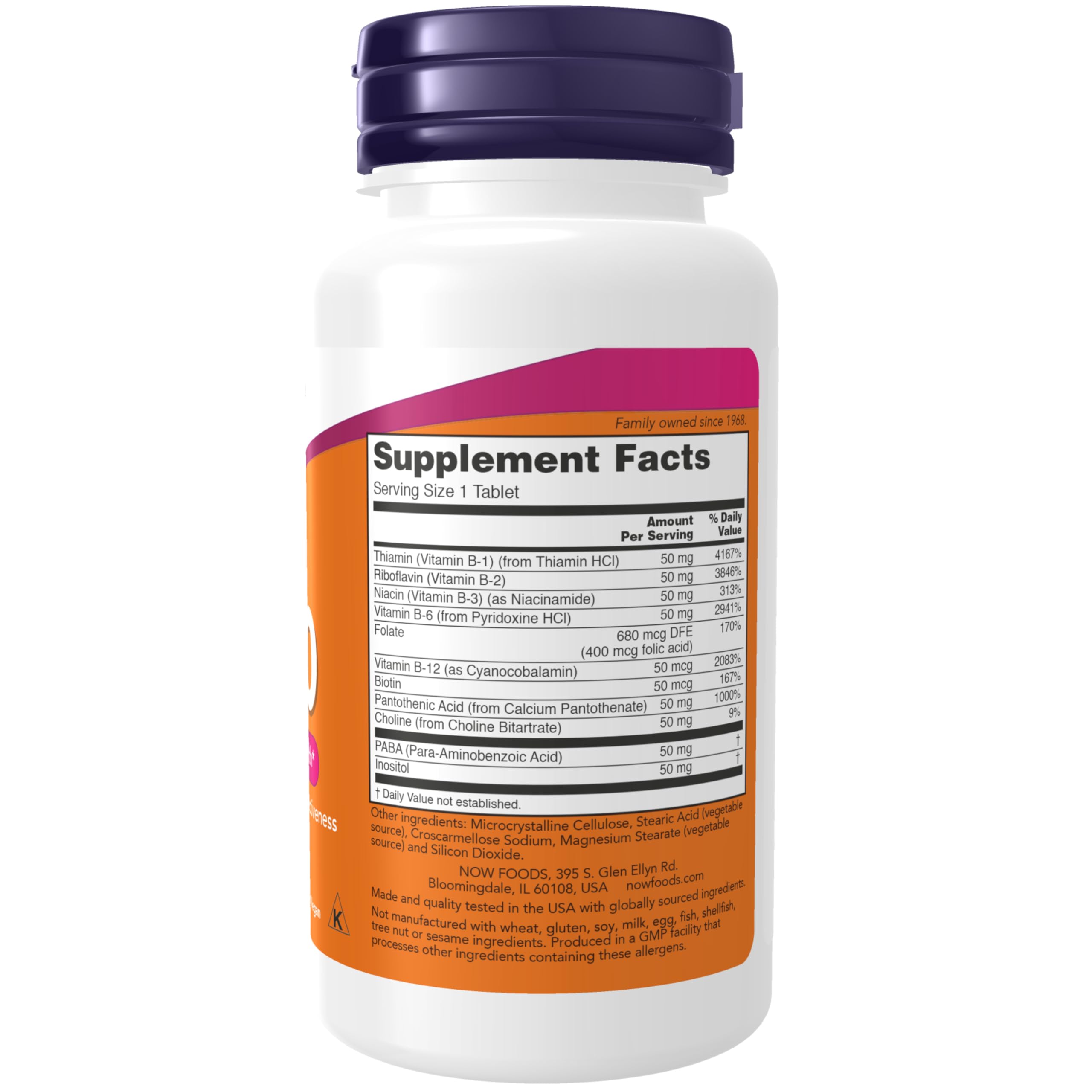 NOW Foods B-50 tablets close-up emphasizes compact daily nourishment for nervous system health