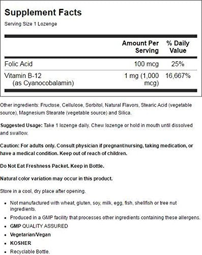 NOW Foods B-12 lozenges closeup, 1000mcg with folic acid for daily use