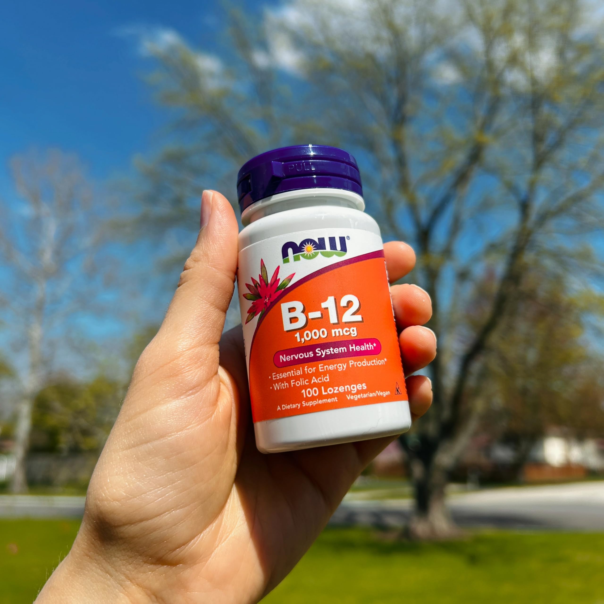 NOW Foods Vitamin B-12 lozenges in daily use scene at home for energy support.