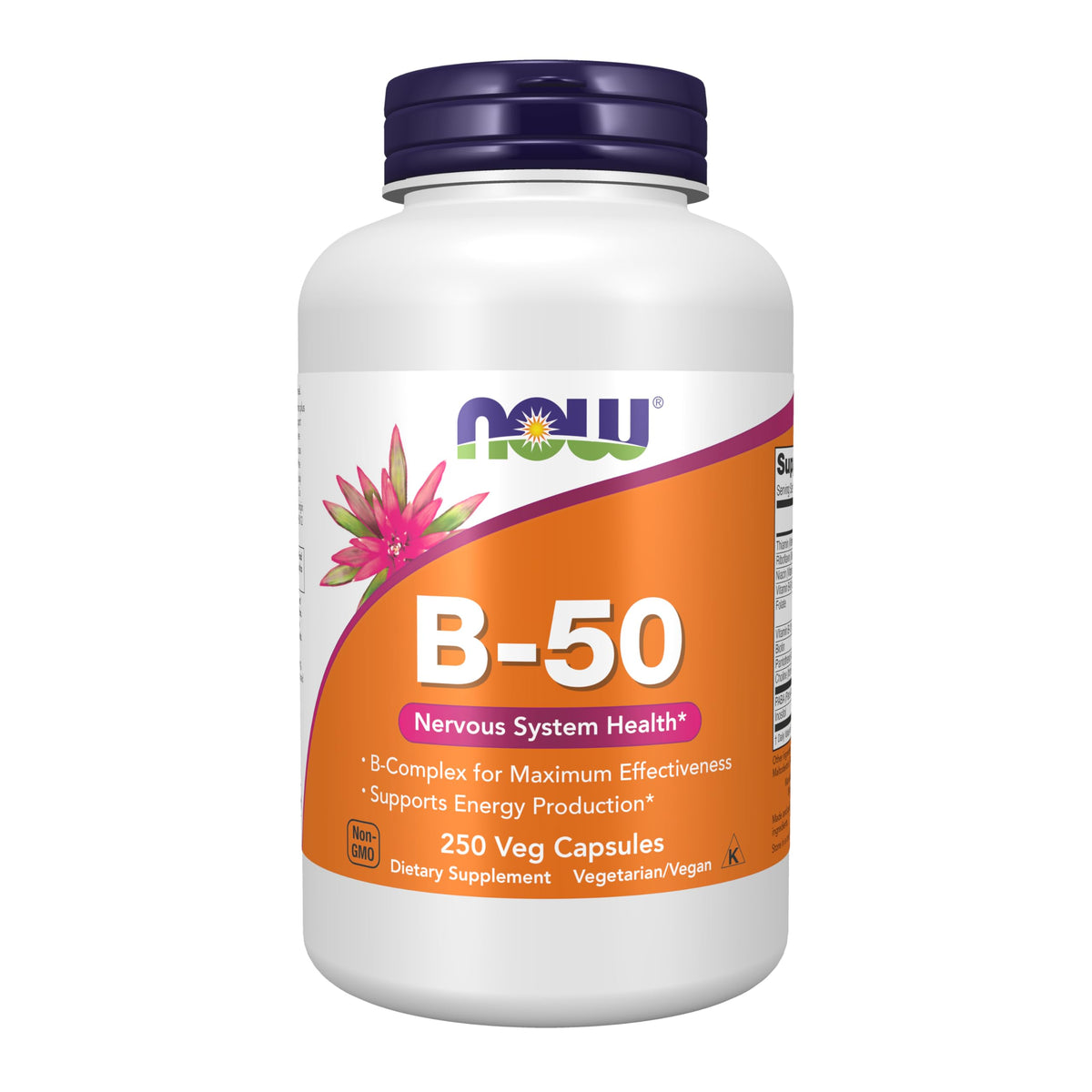 NOW Foods B-50 bottle front showing vegan, non-GMO B-complex for daily energy support.