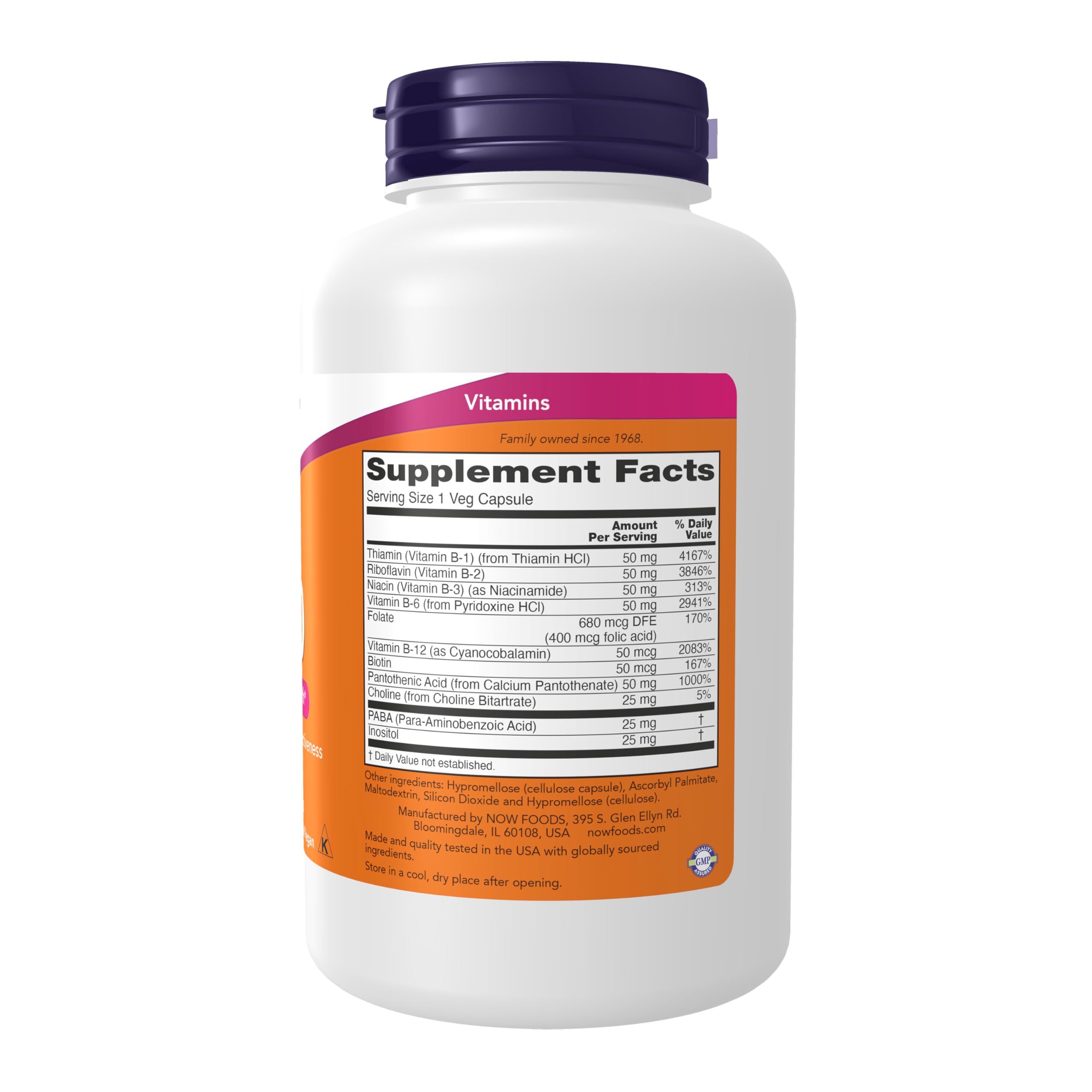 NOW Foods B-50 capsules closeup highlighting energy production and nerve health support.