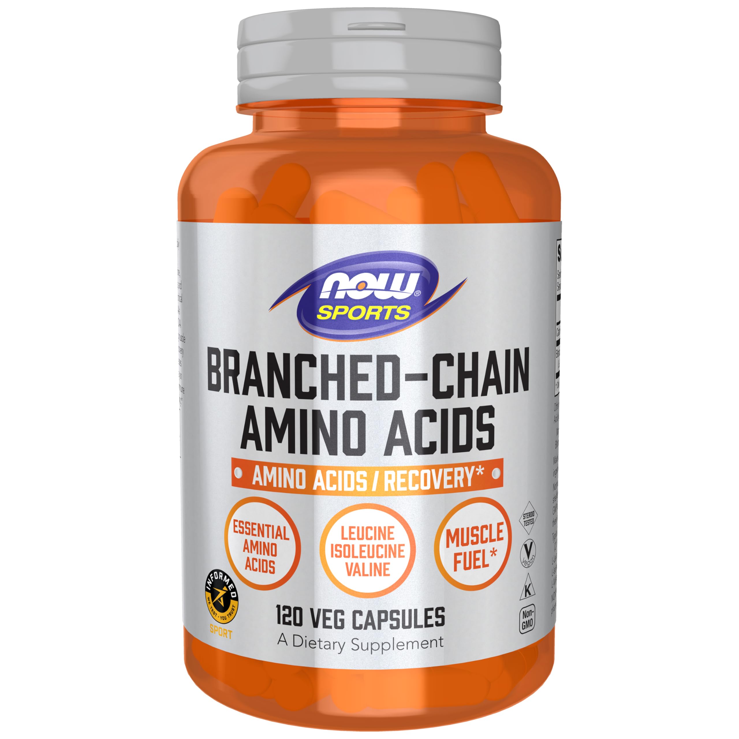 NOW Foods BCAAs bottle mockup highlighting workout-ready capsules