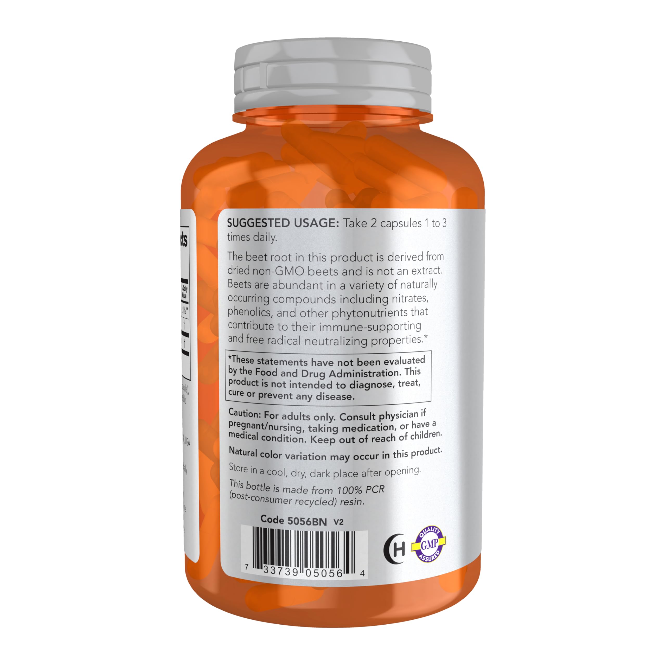 NOW Foods Beet Root label close-up demonstrating GMP testing and purity