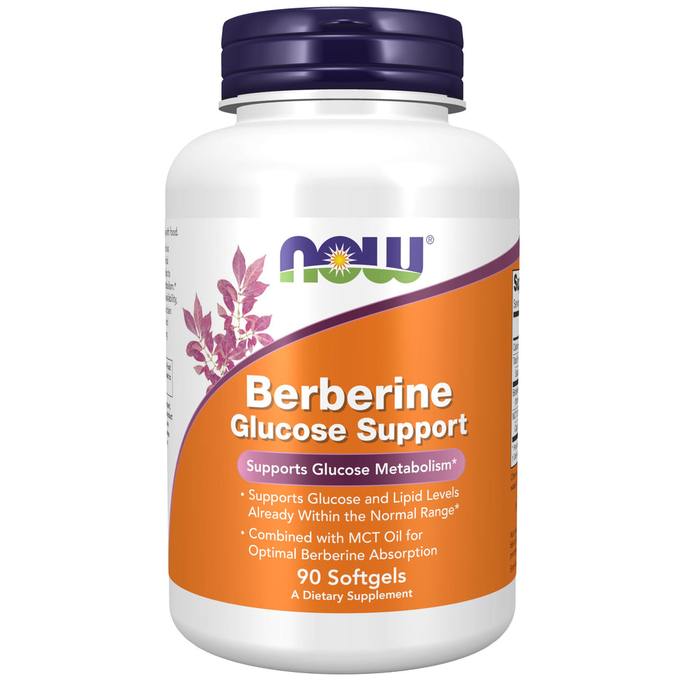 NOW Foods Berberine Glucose Support bottle label highlighting MCT absorption benefit