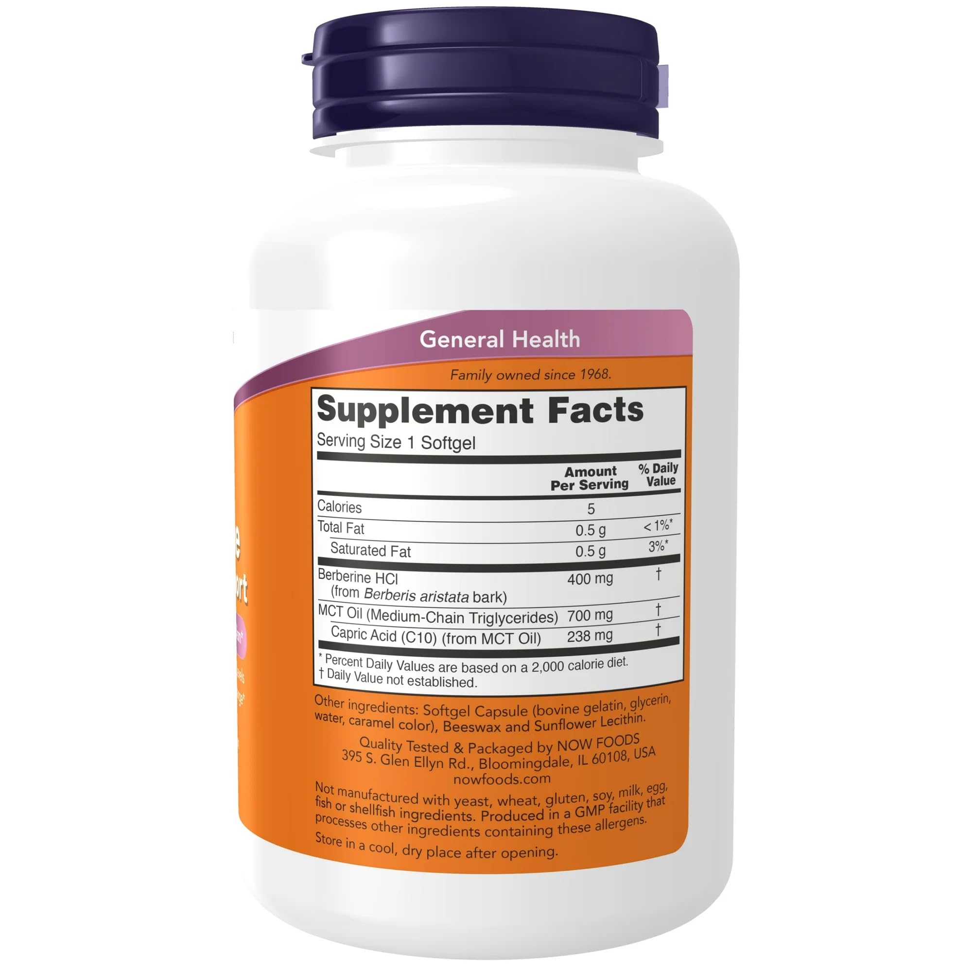 NOW Foods Berberine Glucose Support with MCT oil aiding absorption.