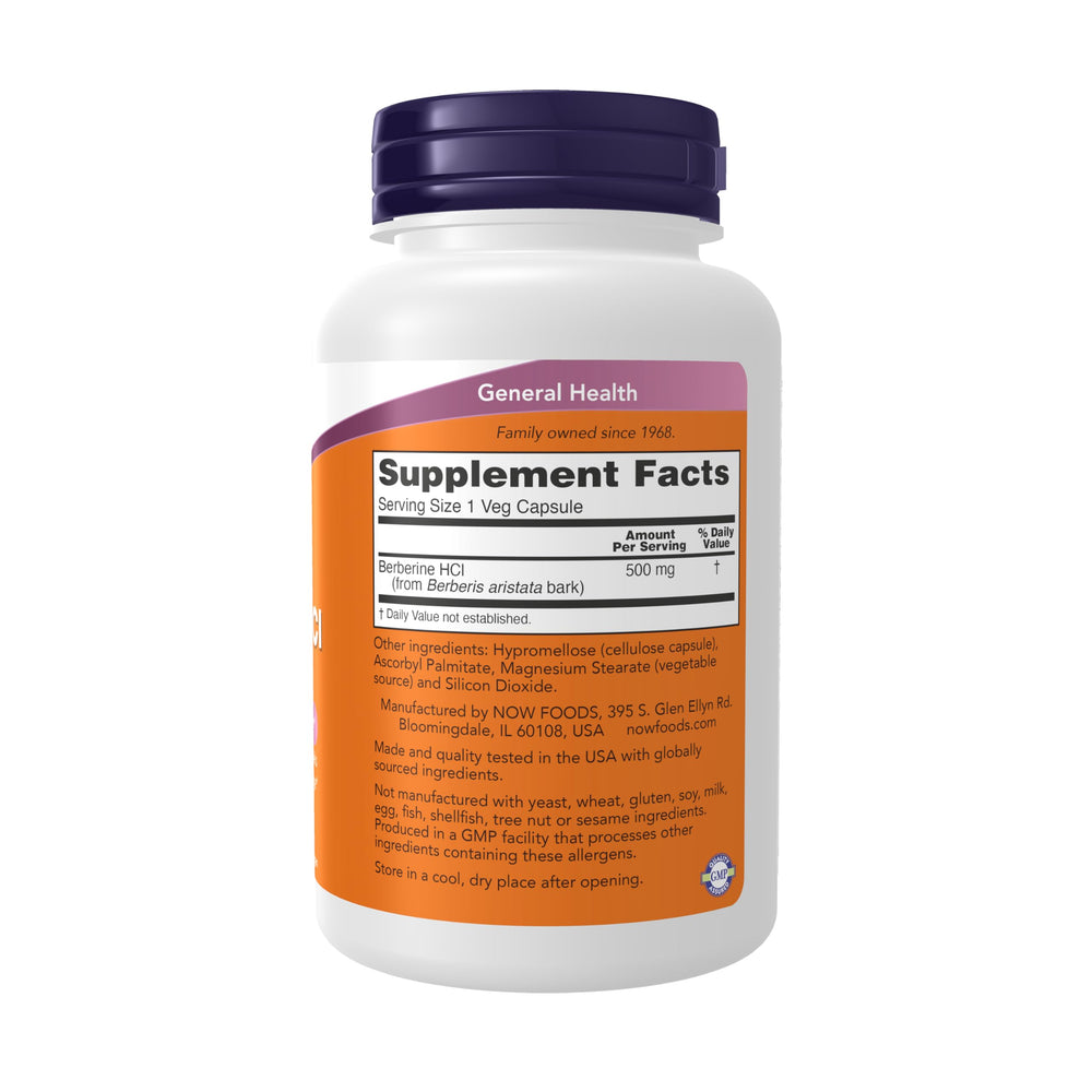 NOW Foods Berberine HCL 500 mg capsules close-up for normal glucose and lipid metabolism.