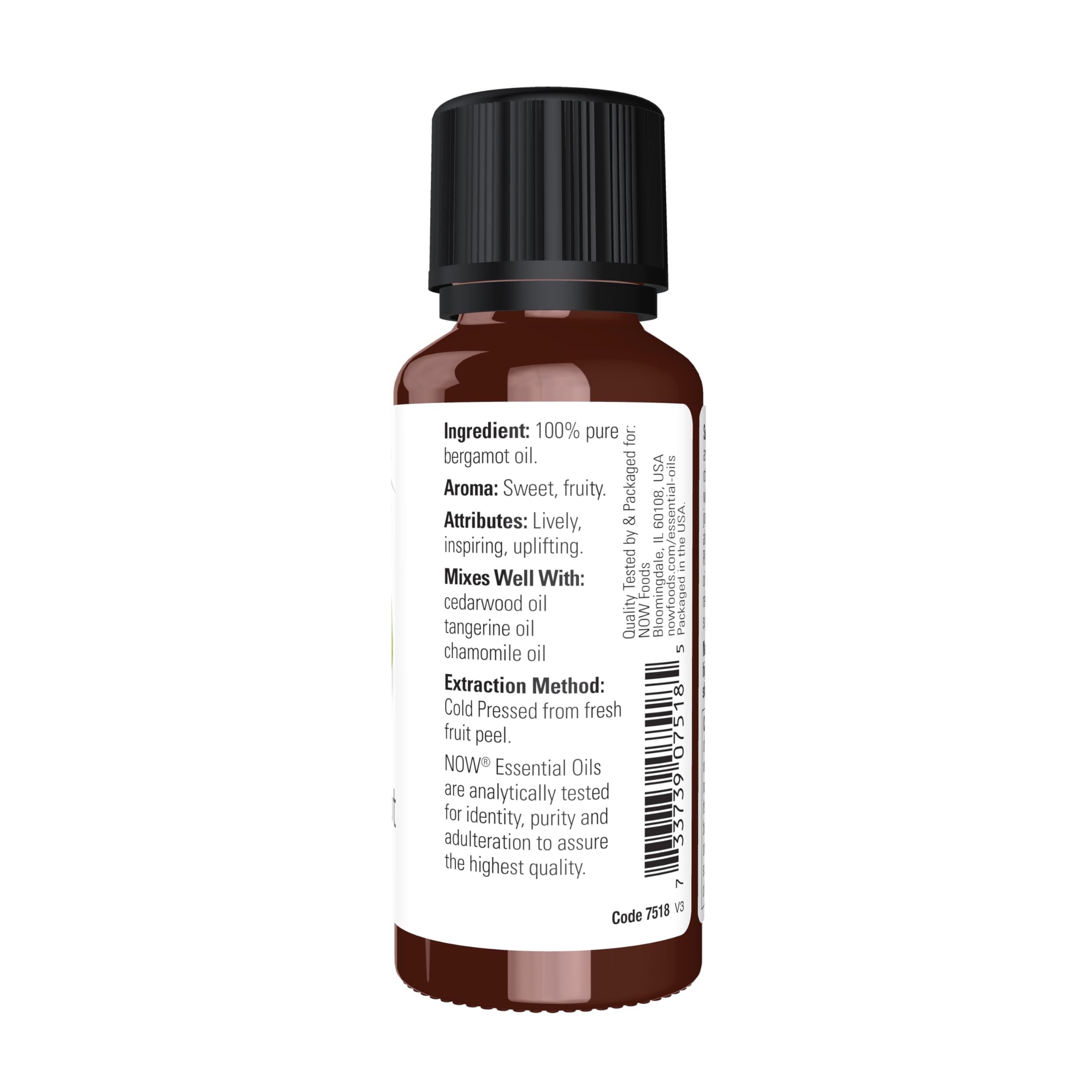 NOW Foods Bergamot Oil label closeup highlighting purity and packaging
