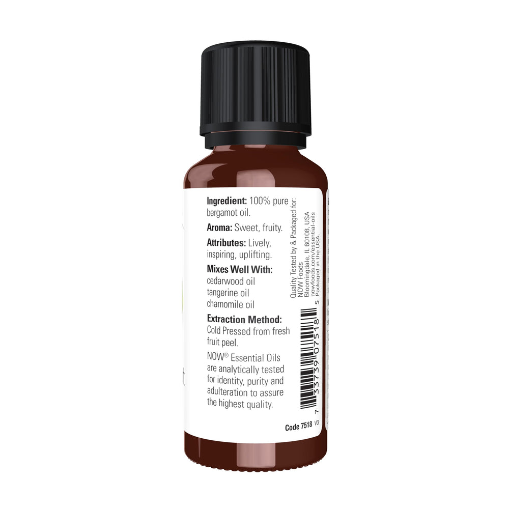 NOW Foods Bergamot Oil label closeup highlighting purity and packaging