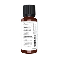 NOW Foods Bergamot Oil label closeup highlighting purity and packaging