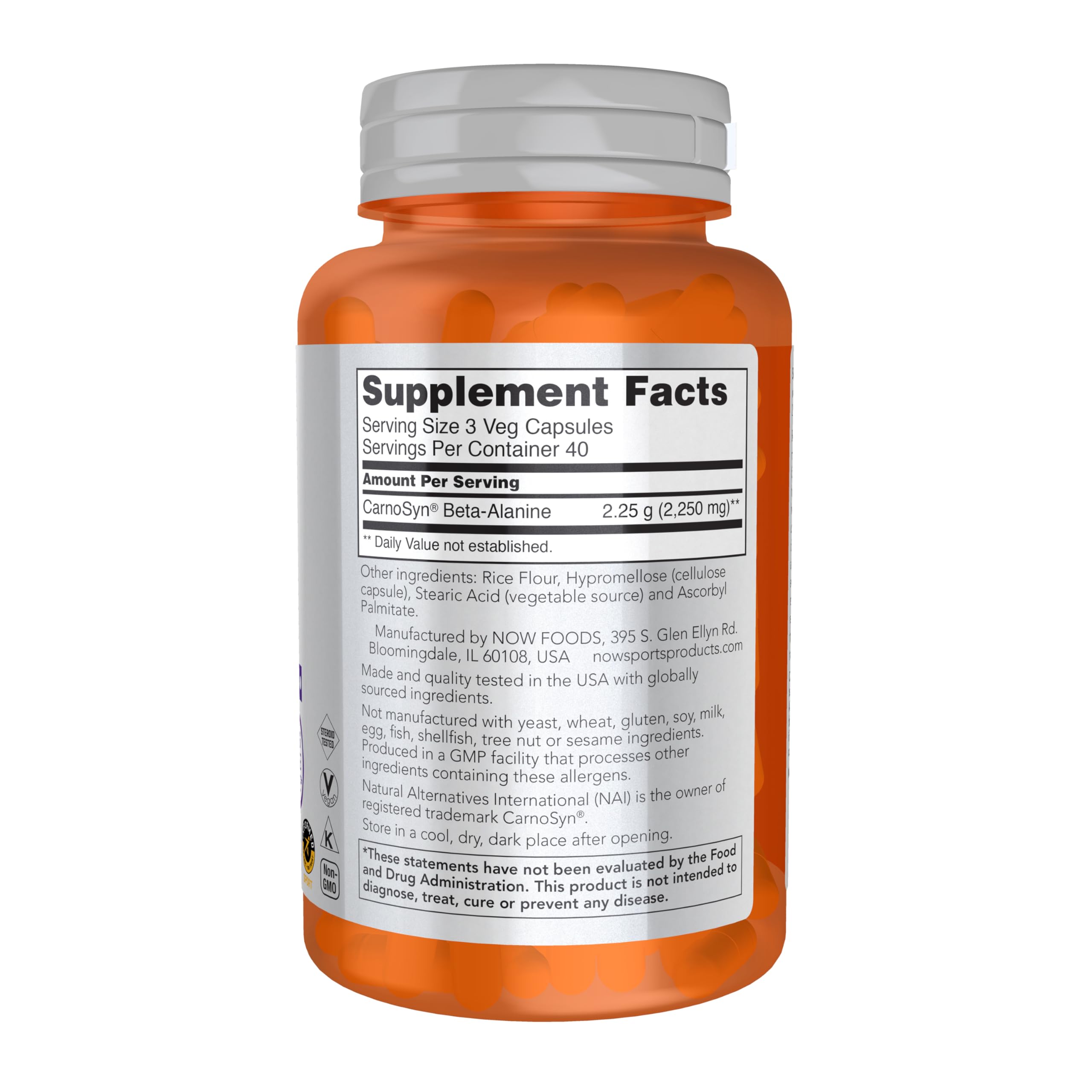 NOW Foods Beta-Alanine bottle front view ready for training.