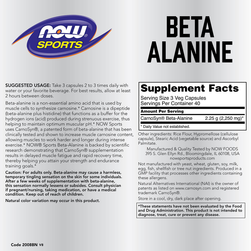 NOW Foods Beta-Alanine capsules close-up, convenient daily supplement for athletic stamina.