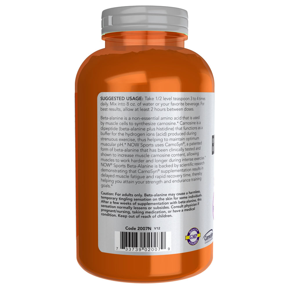 NOW Foods Beta-Alanine powder label closeup with CarnoSyn branding