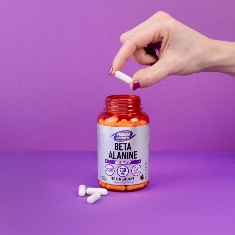 NOW Foods Beta-Alanine US packaging with GMP and quality marks.