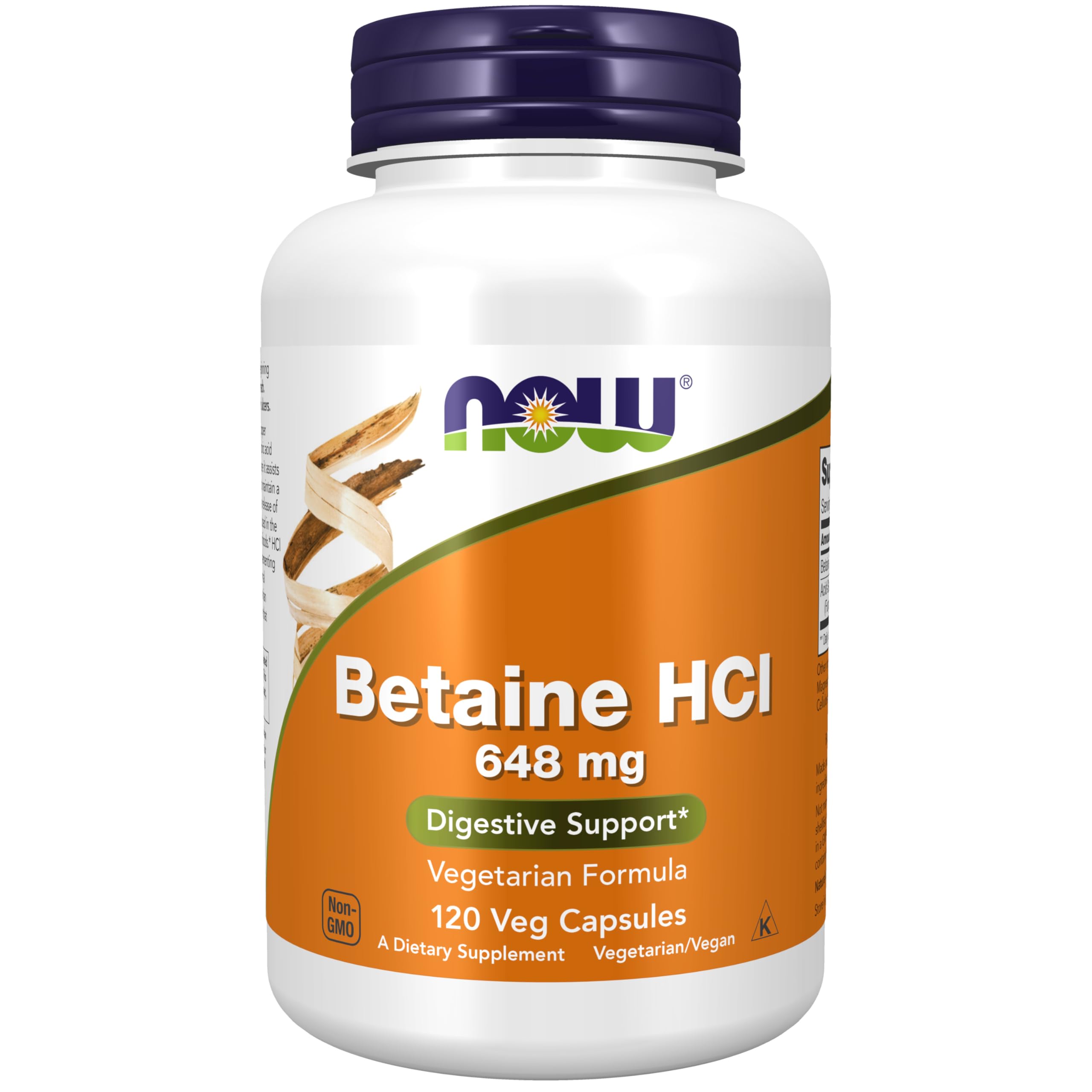 NOW Foods Betaine HCl 648 mg bottle label supporting digestion