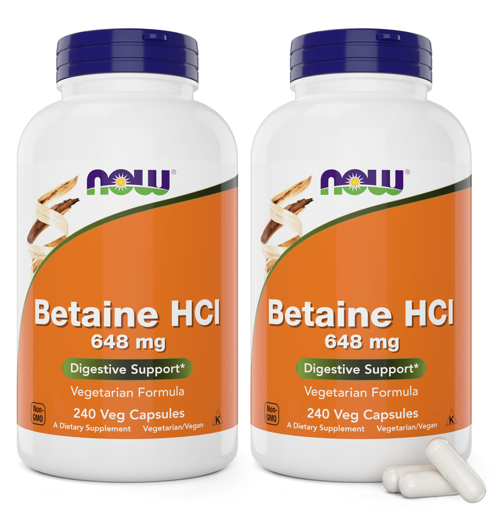 NOW Foods Betaine HCl 648 mg bottle with capsules for digestive support