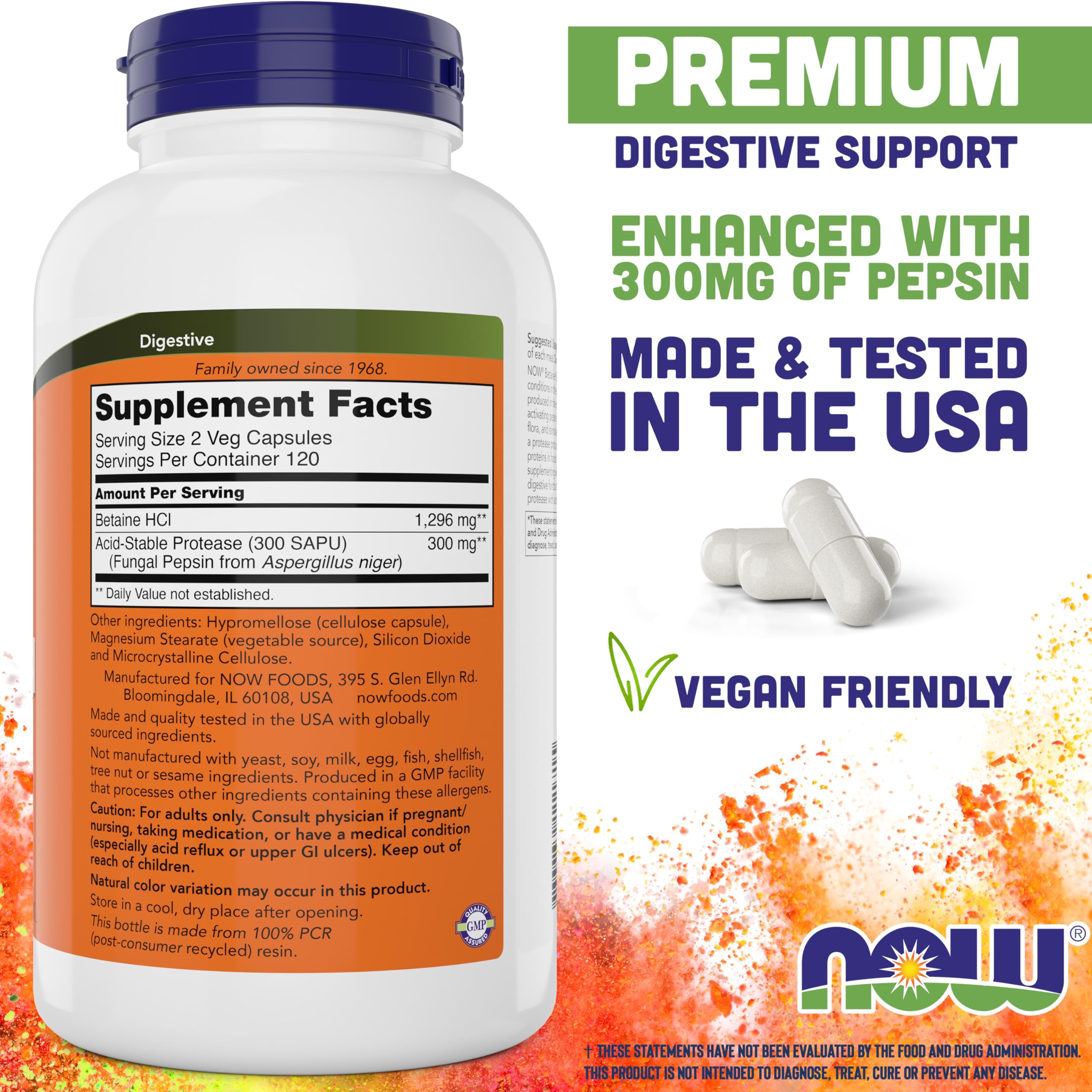 NOW Foods Betaine HCl 648 mg capsules pack aiding protein digestion with pepsin