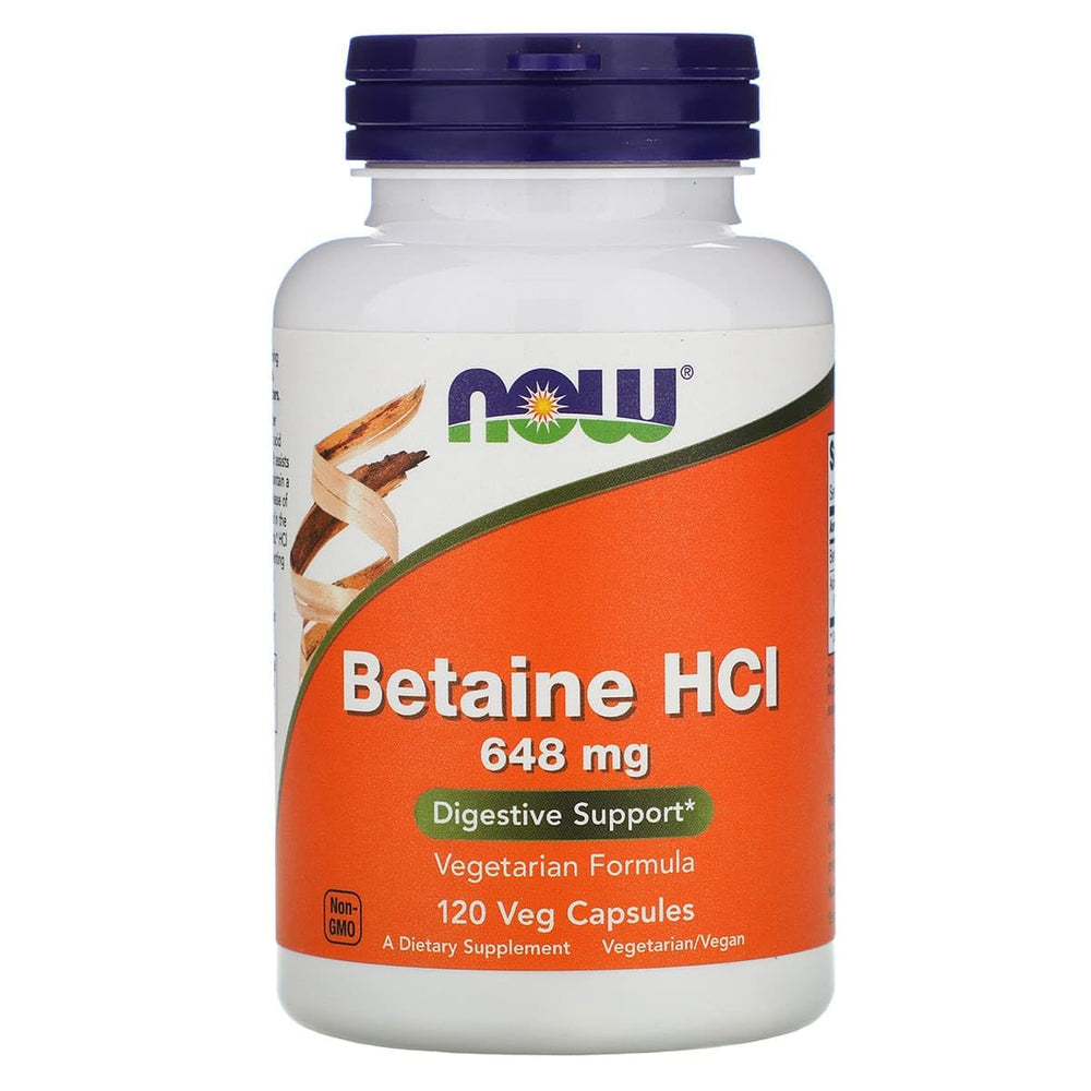 Now Foods Betaine HCl bottle front for digestive support on the go