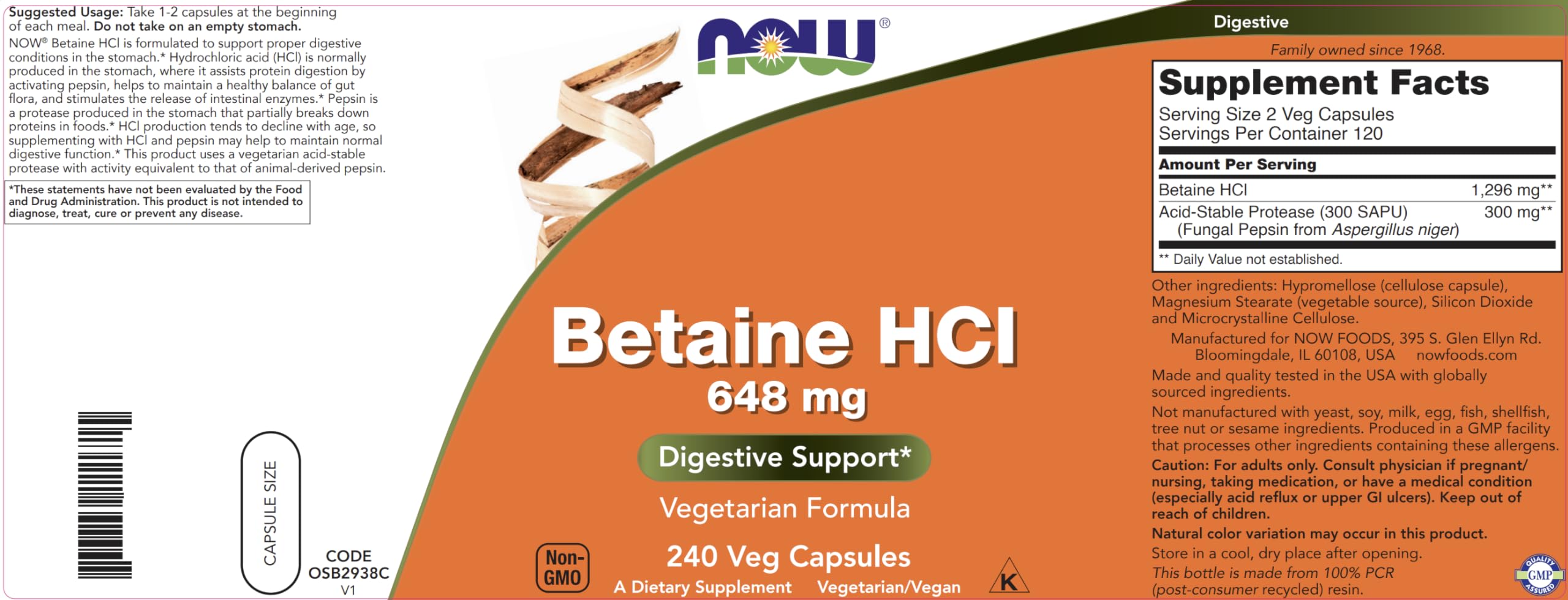 NOW Foods Betaine HCl capsules close-up on label and capsules