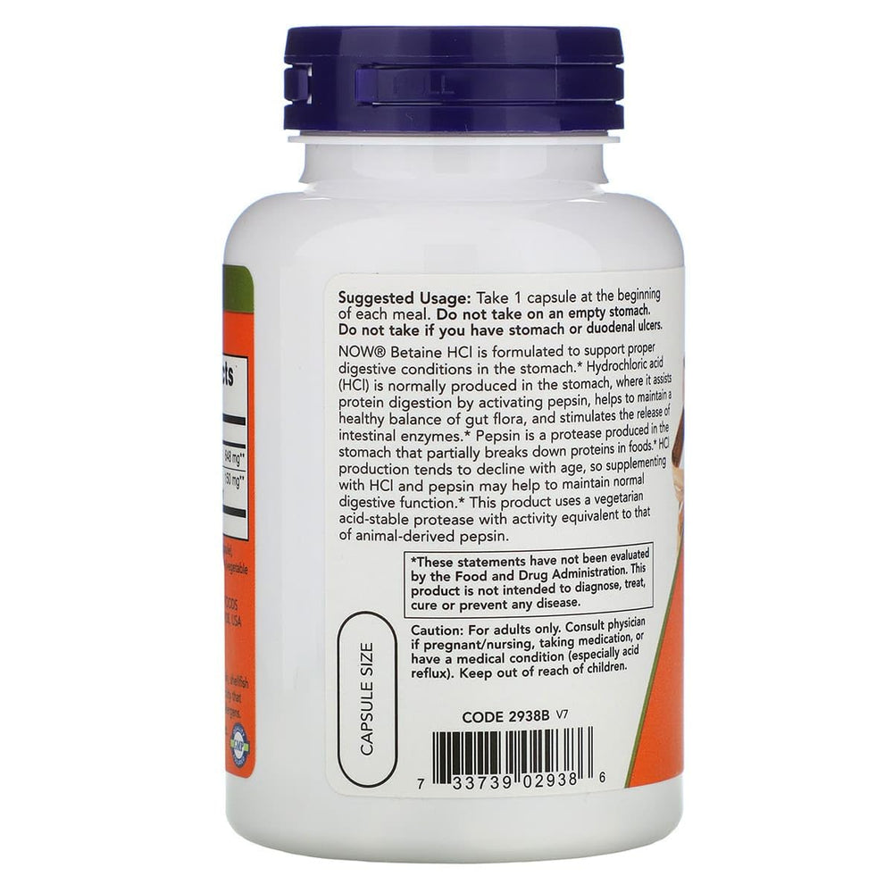 Now Foods Betaine HCl capsules closeup showing capsules for digestion