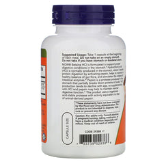 Now Foods Betaine HCl capsules closeup showing capsules for digestion