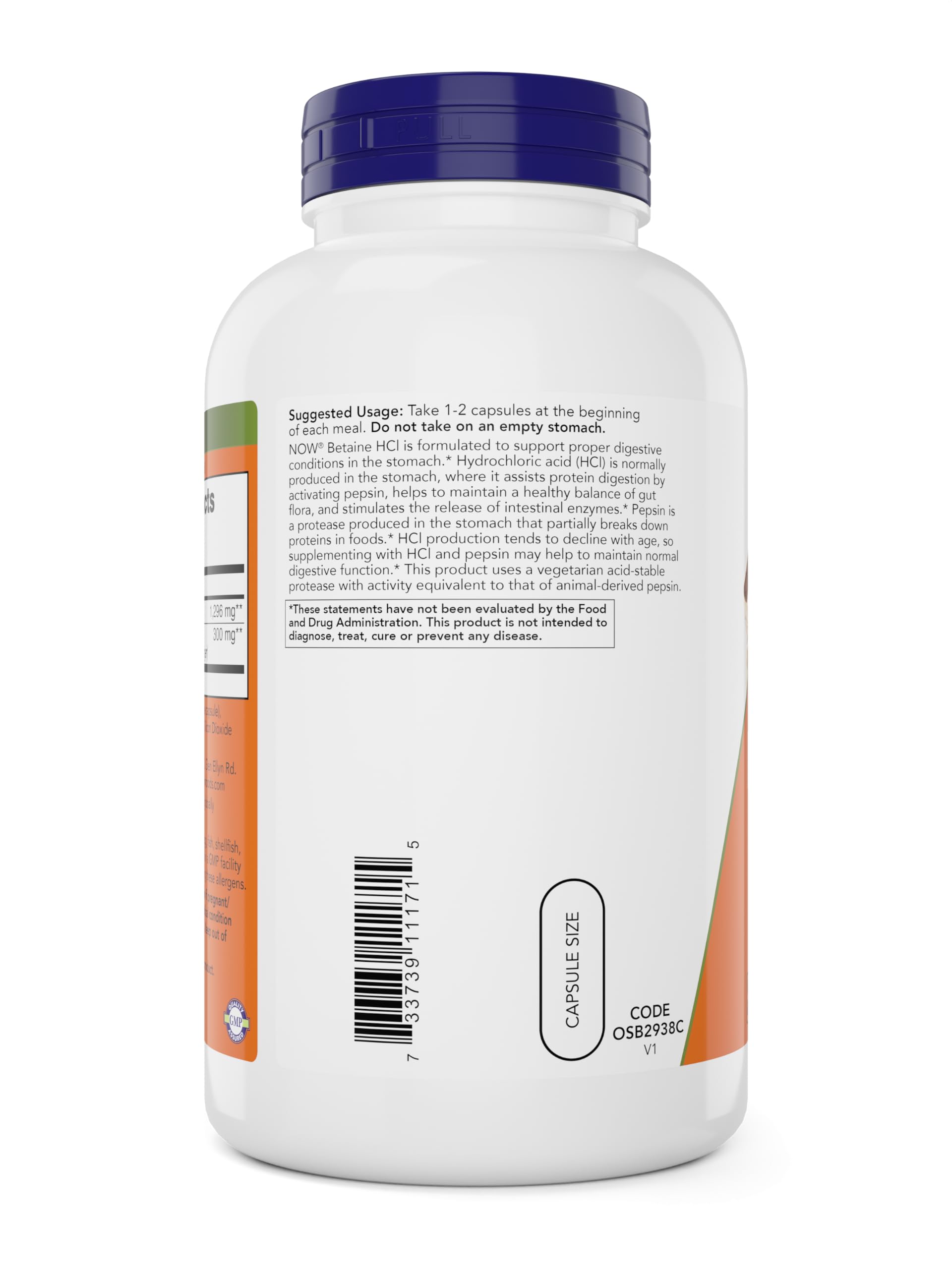 NOW Foods Betaine HCl with pepsin label indicating vegetarian protease option