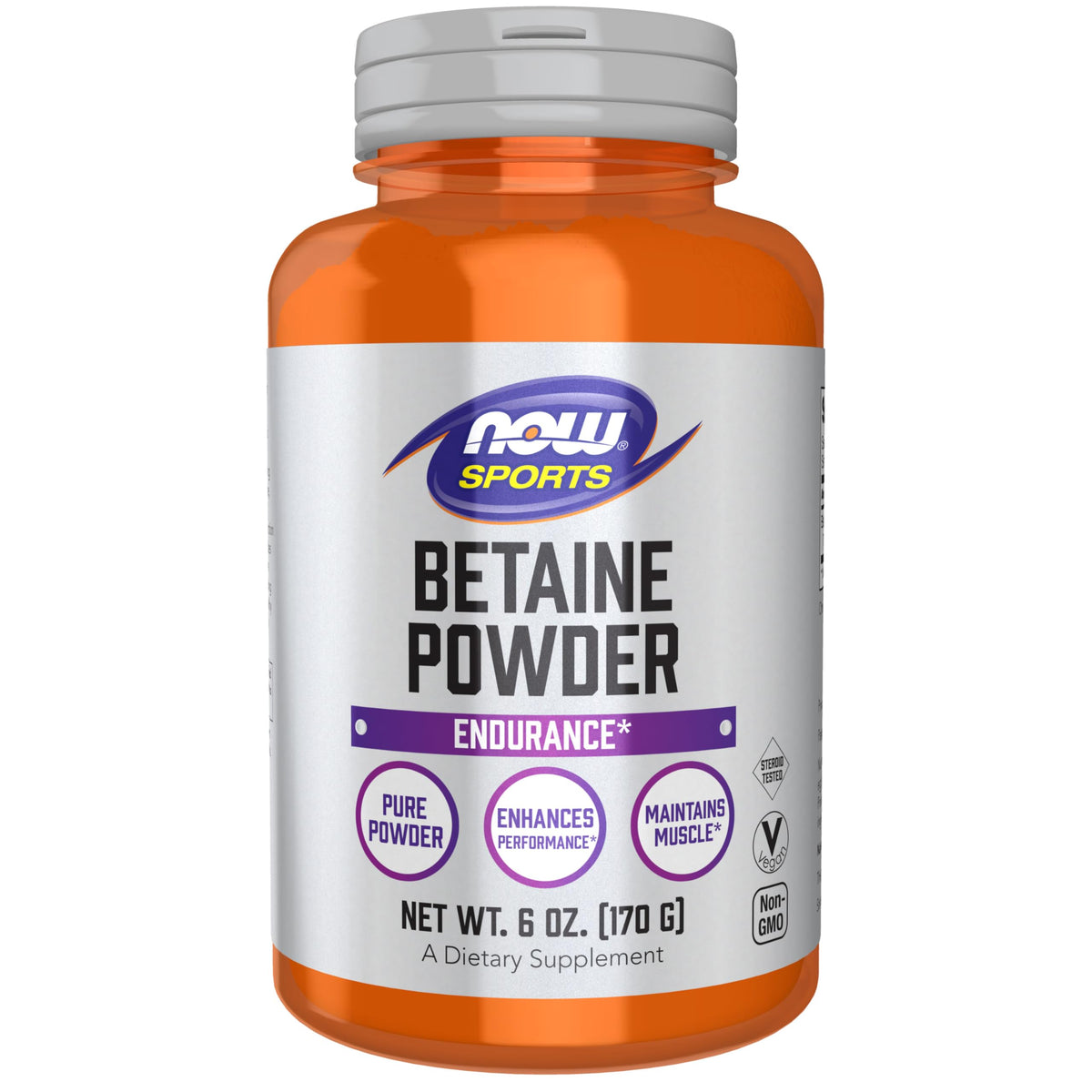 NOW Foods Betaine Powder bottle pouring, highlighting endurance support during workouts.