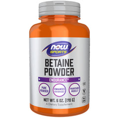 NOW Foods Betaine Powder bottle pouring, highlighting endurance support during workouts.