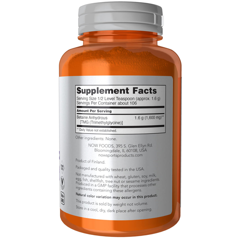 NOW Foods Betaine Powder label closeup, vegan and non-GMO certifications visible.