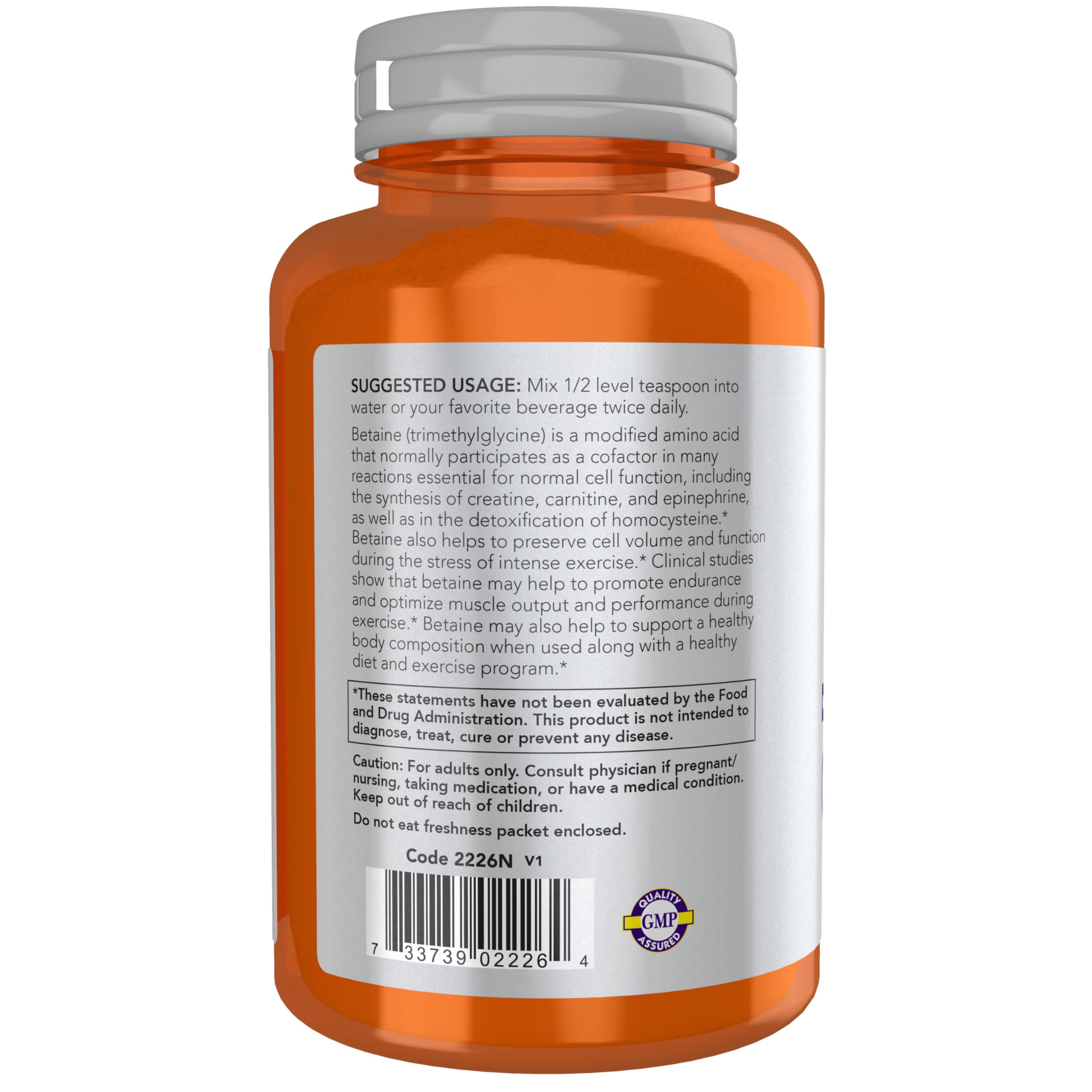 NOW Foods Betaine Powder scoop showing measured servings for endurance and muscle maintenance.