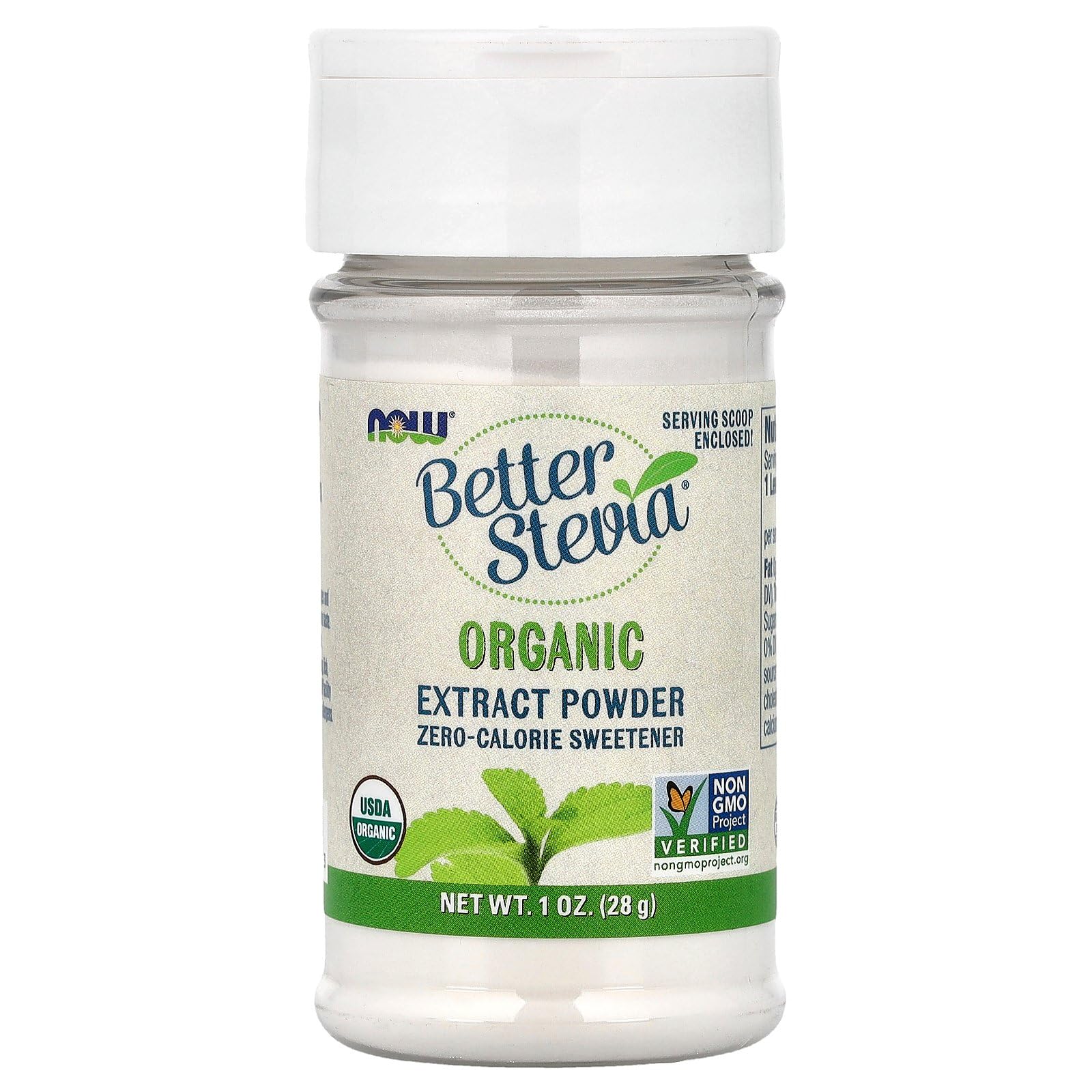 NOW Foods Better Stevia Organic powder 1oz bottle for sugar-free sweetness at home.