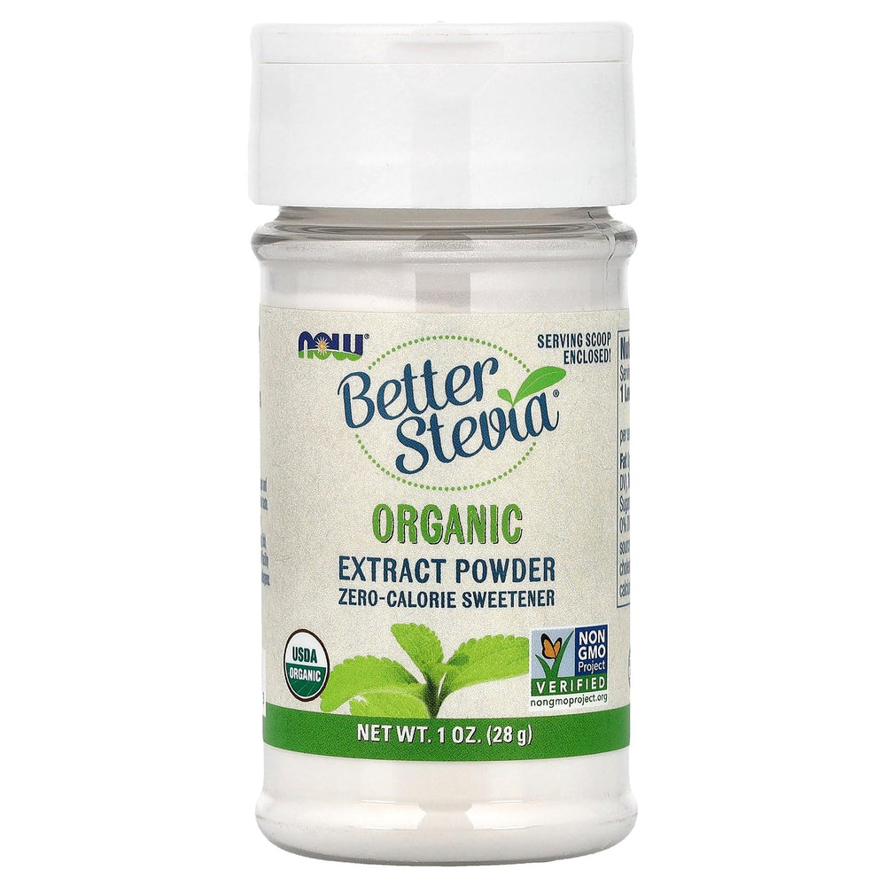NOW Foods Better Stevia Organic powder 1oz bottle for sugar-free sweetness at home.