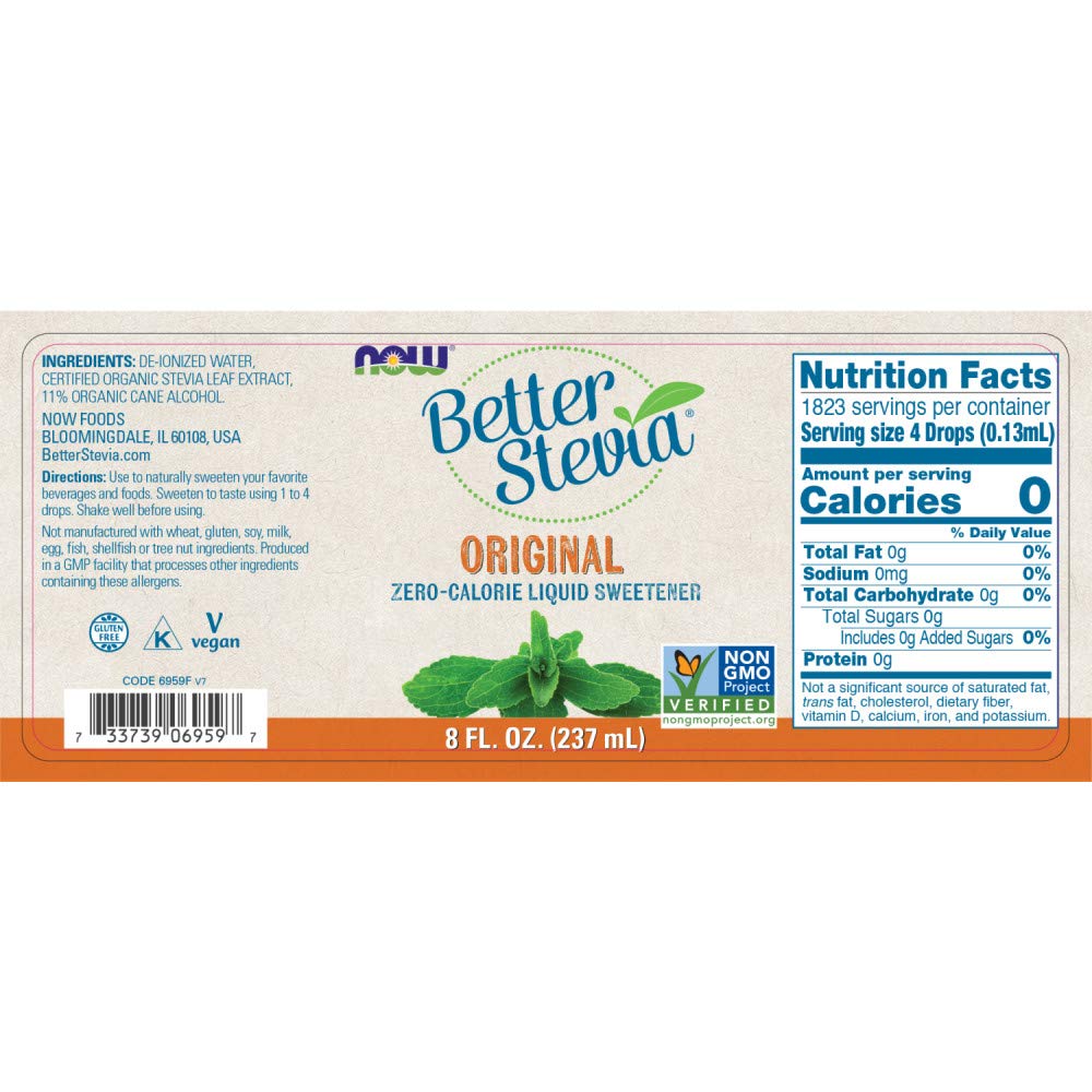 NOW Foods BetterStevia Original bottle close-up highlighting organic stevia sweetness