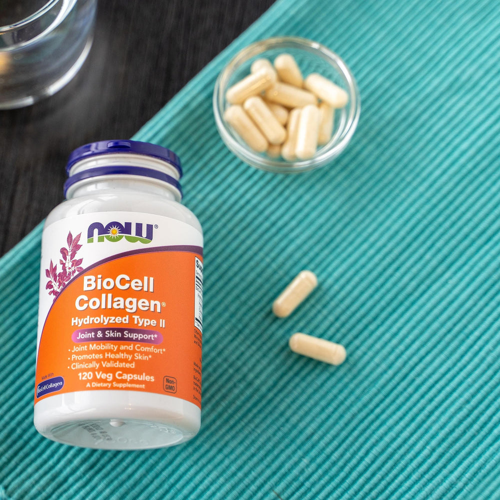 NOW Foods BioCell Collagen bottle close-up on GMP certification