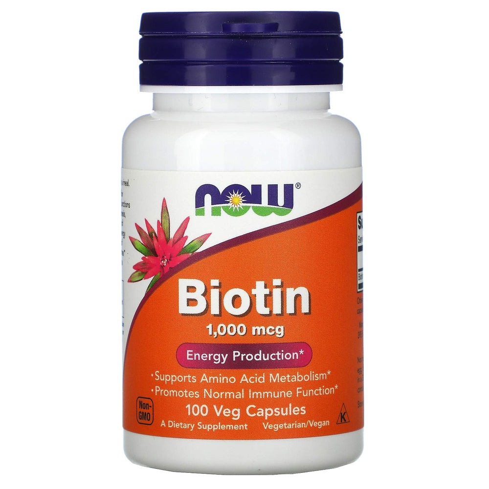NOW Foods Biotin 1000 mcg bottle front view for daily supplement routine.