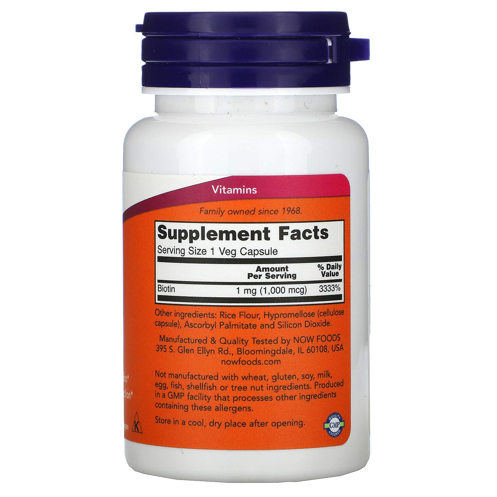 NOW Foods Biotin 1000 mcg capsule close-up showing small smooth pill.