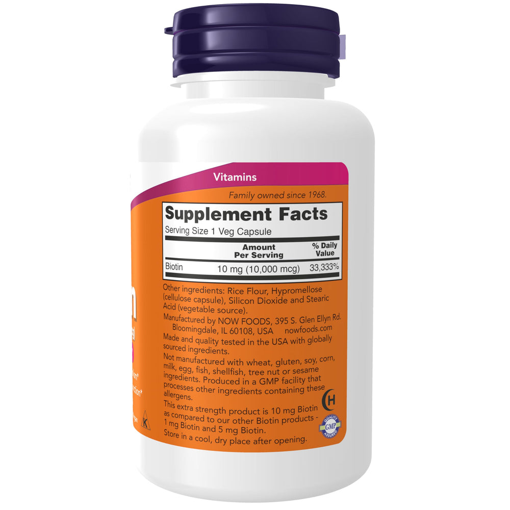 NOW Foods Biotin 10 mg bottle close-up highlighting hair, skin, and nail benefits