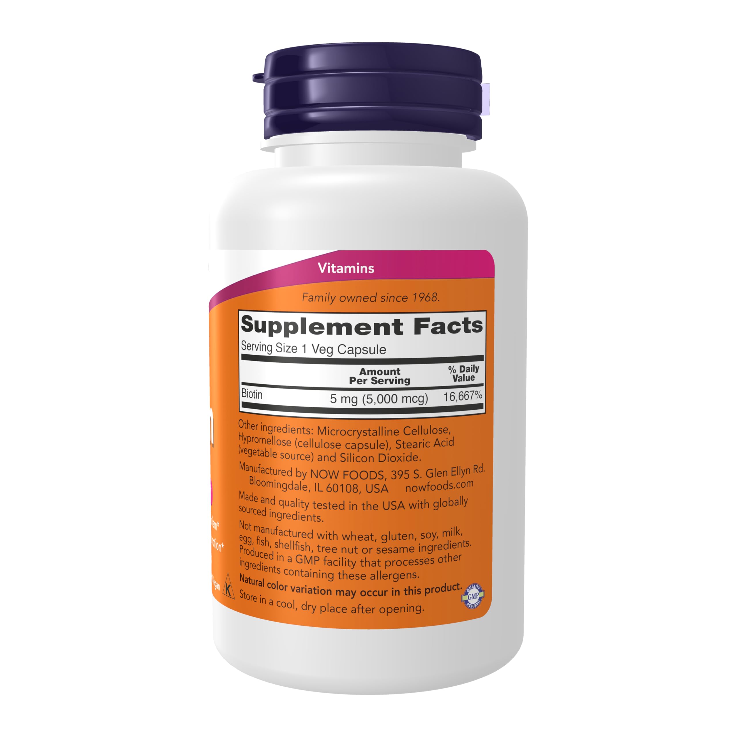 NOW Foods Biotin 5000 mcg label close-up highlighting potency and nutrition facts