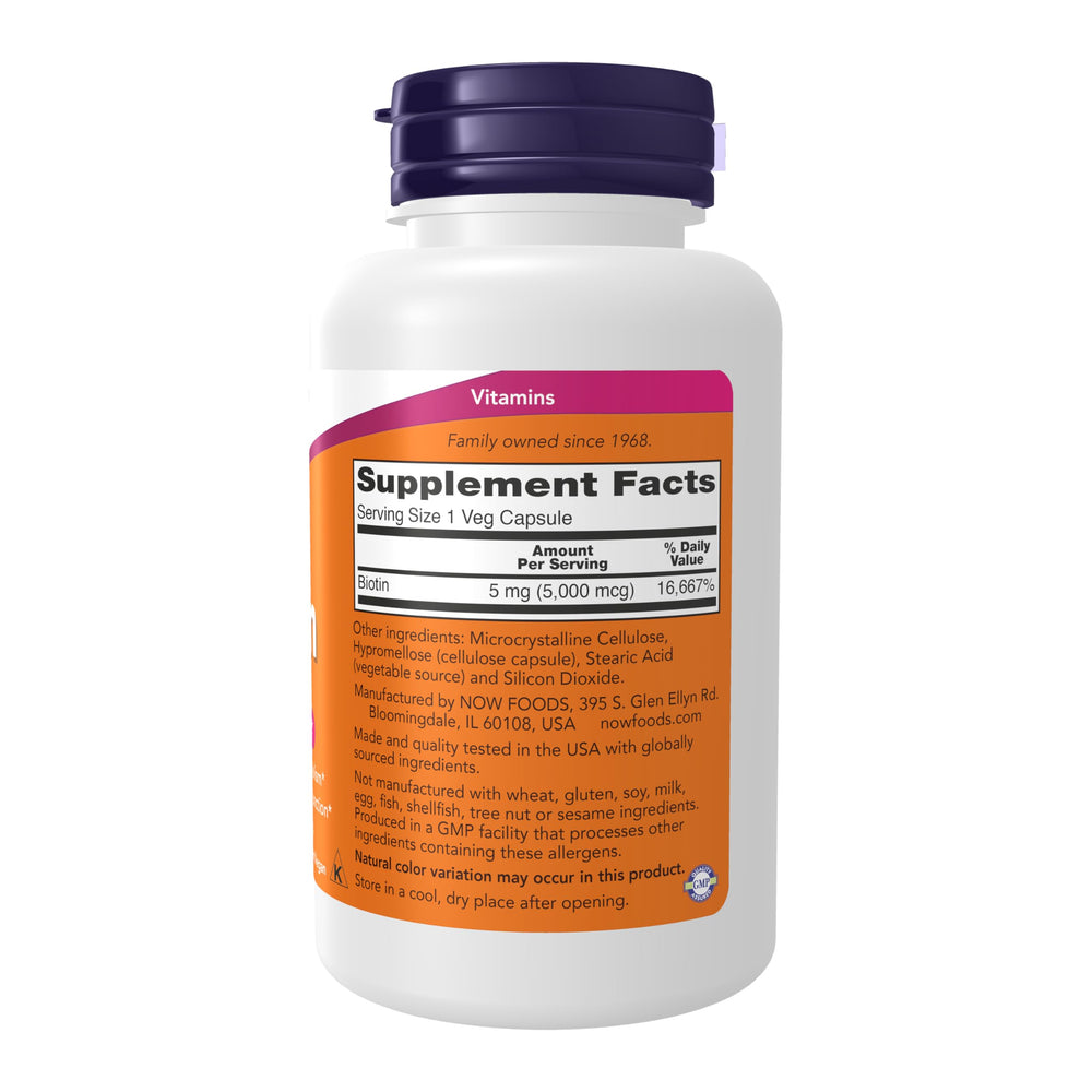 NOW Foods Biotin 5000 mcg label close-up highlighting potency and nutrition facts