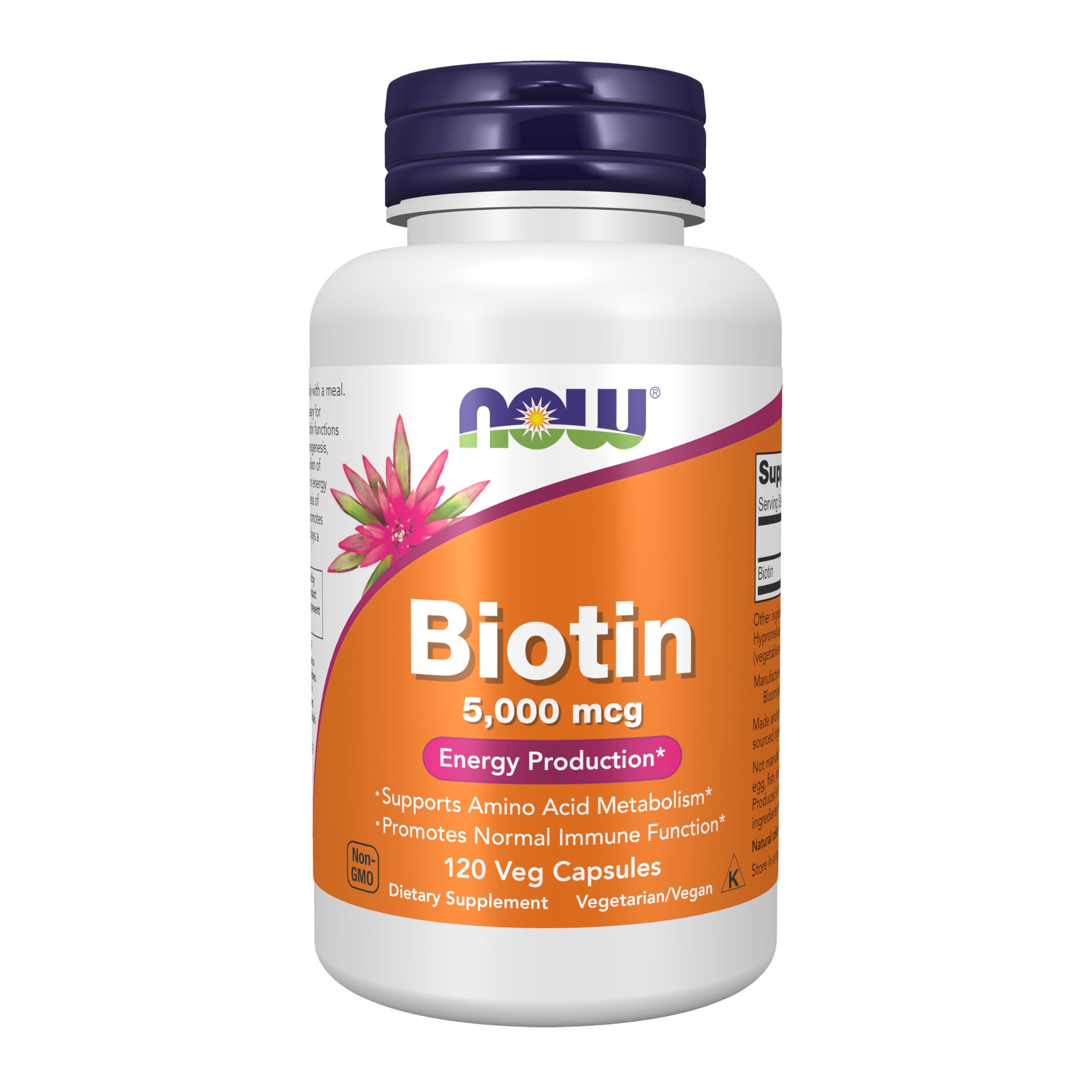 NOW Foods Biotin 5000 mcg vegan capsules bottle front for hair and skin support