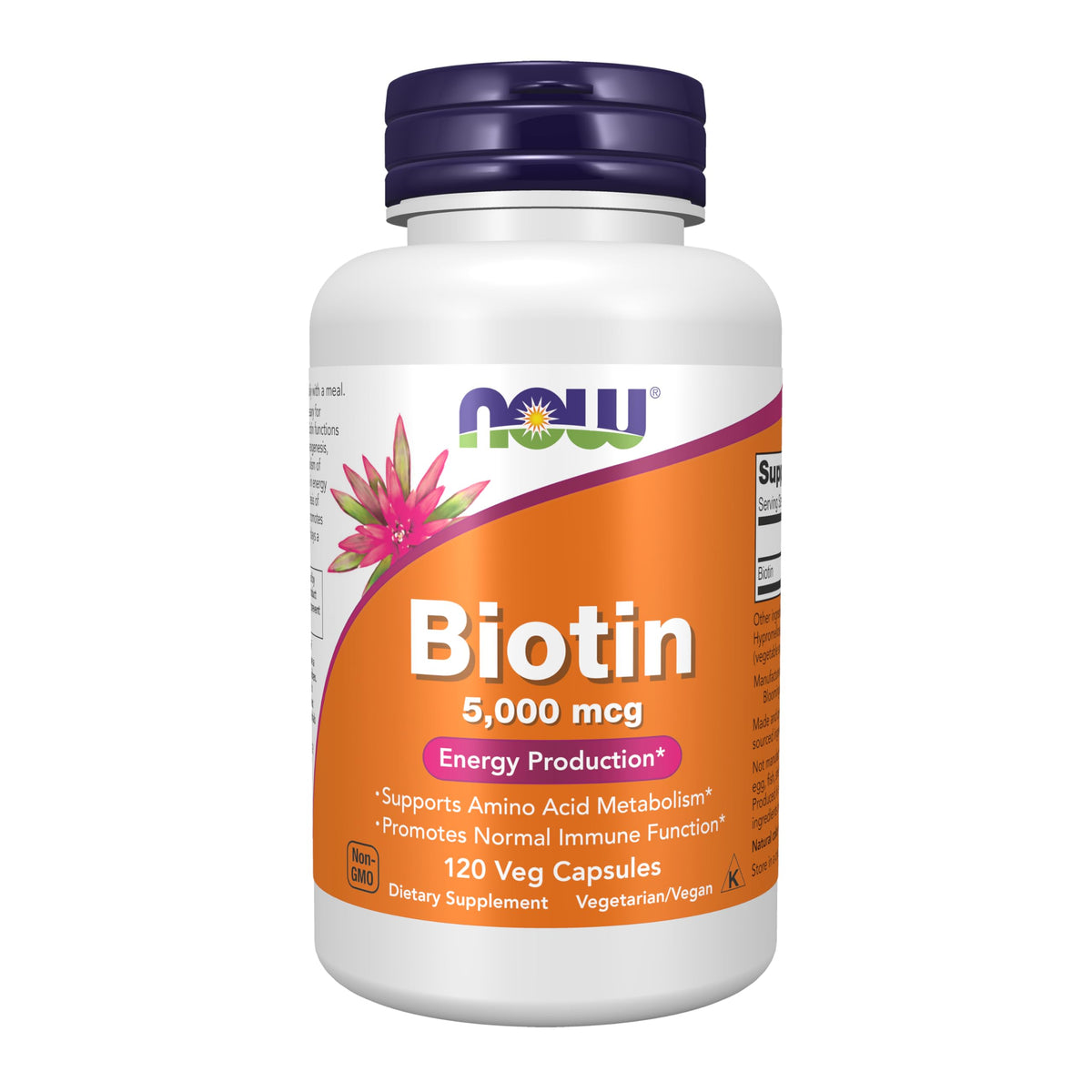 NOW Foods Biotin 5000 mcg vegan capsules bottle front for hair and skin support