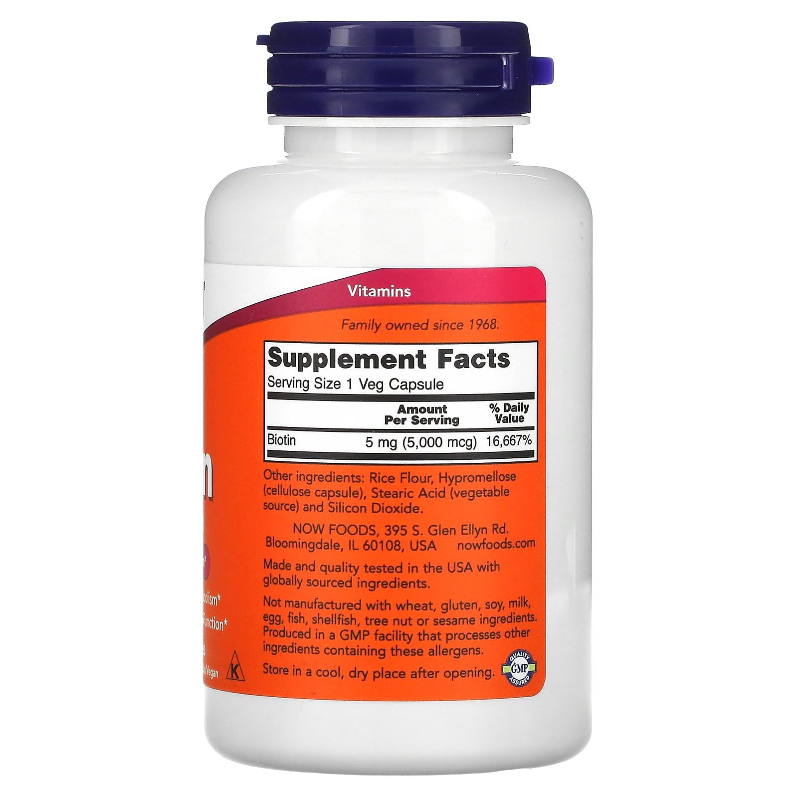 NOW Foods Biotina 5 mg cápsulas vegetarianas etiqueta, posible contribución a la función inmune normal.