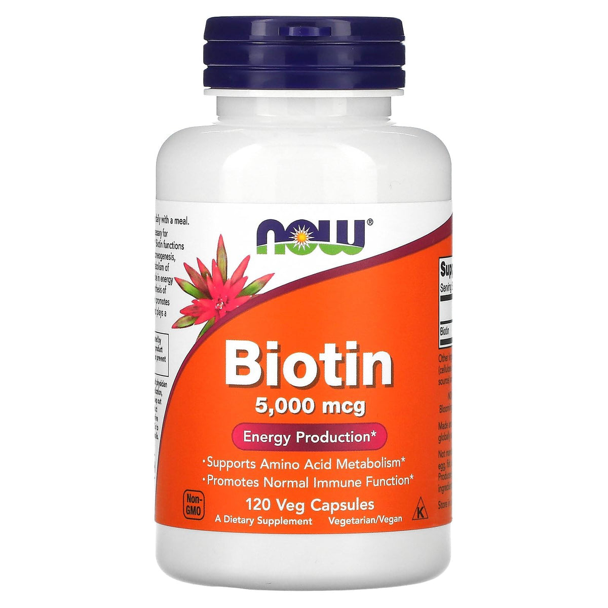 NOW Foods Biotina 5 mg cápsulas vegetarianas frente al envase, posible apoyo al metabolismo de aminoácidos.