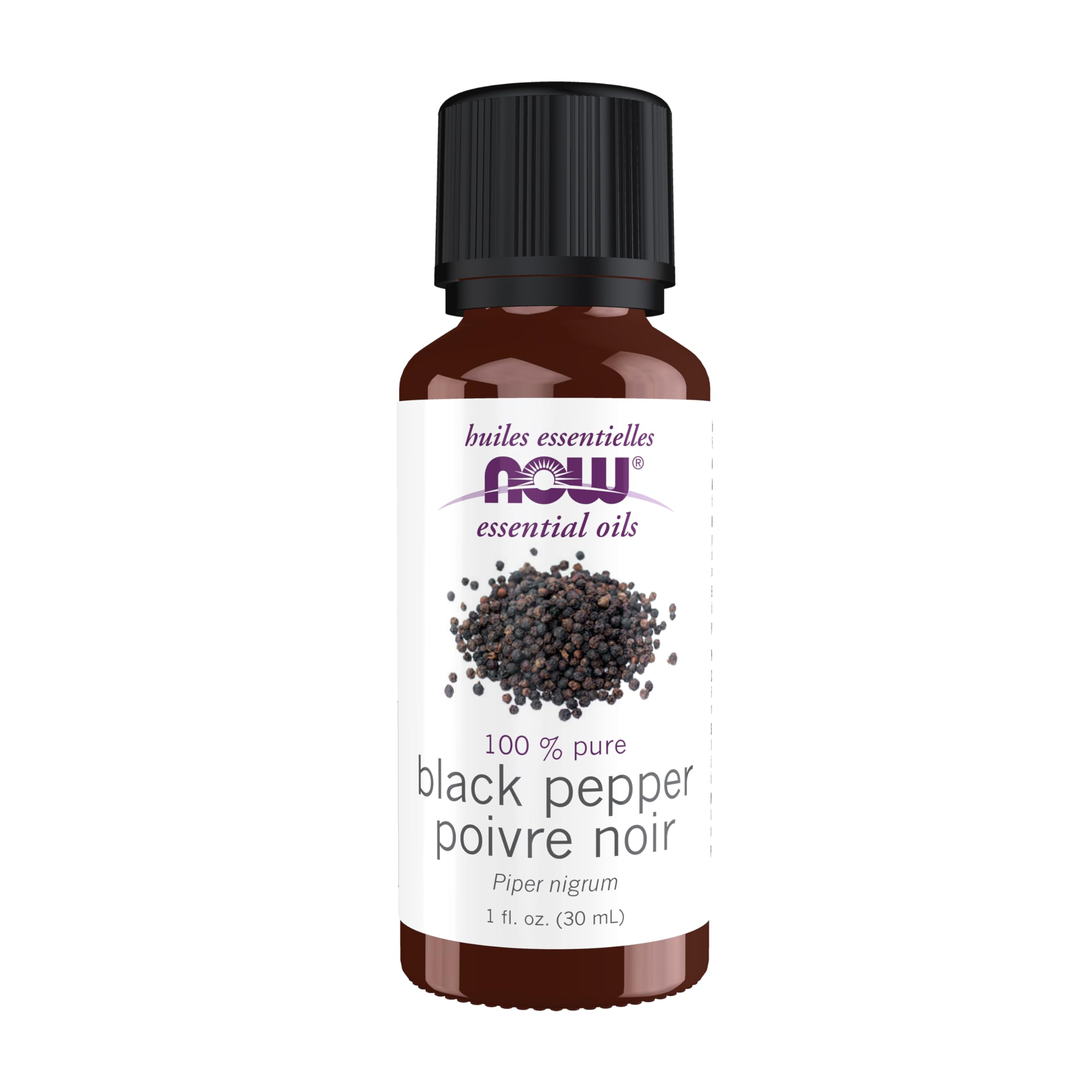 NOW Foods Black Pepper Oil bottle with warm, spicy aroma for energizing moments.