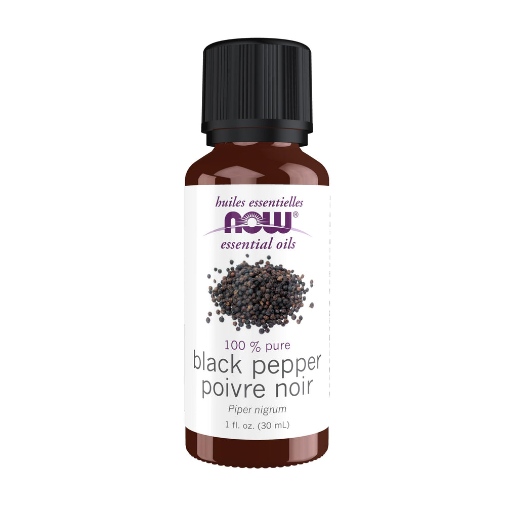 NOW Foods Black Pepper Oil bottle with warm, spicy aroma for energizing moments.