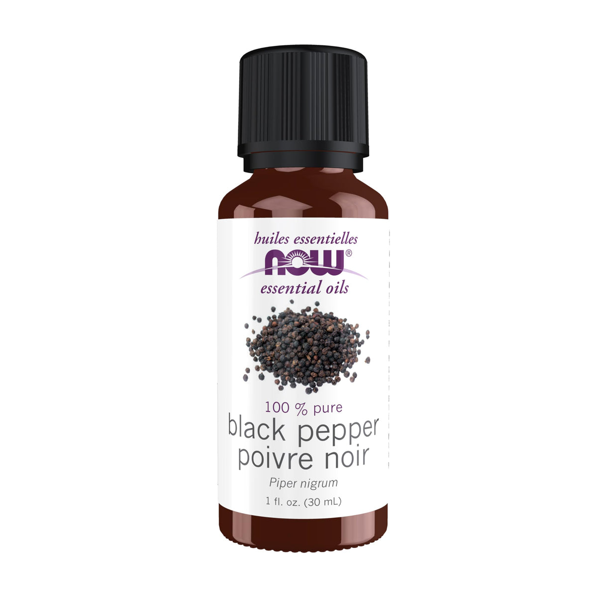 NOW Foods Black Pepper Oil bottle with warm, spicy aroma for energizing moments.