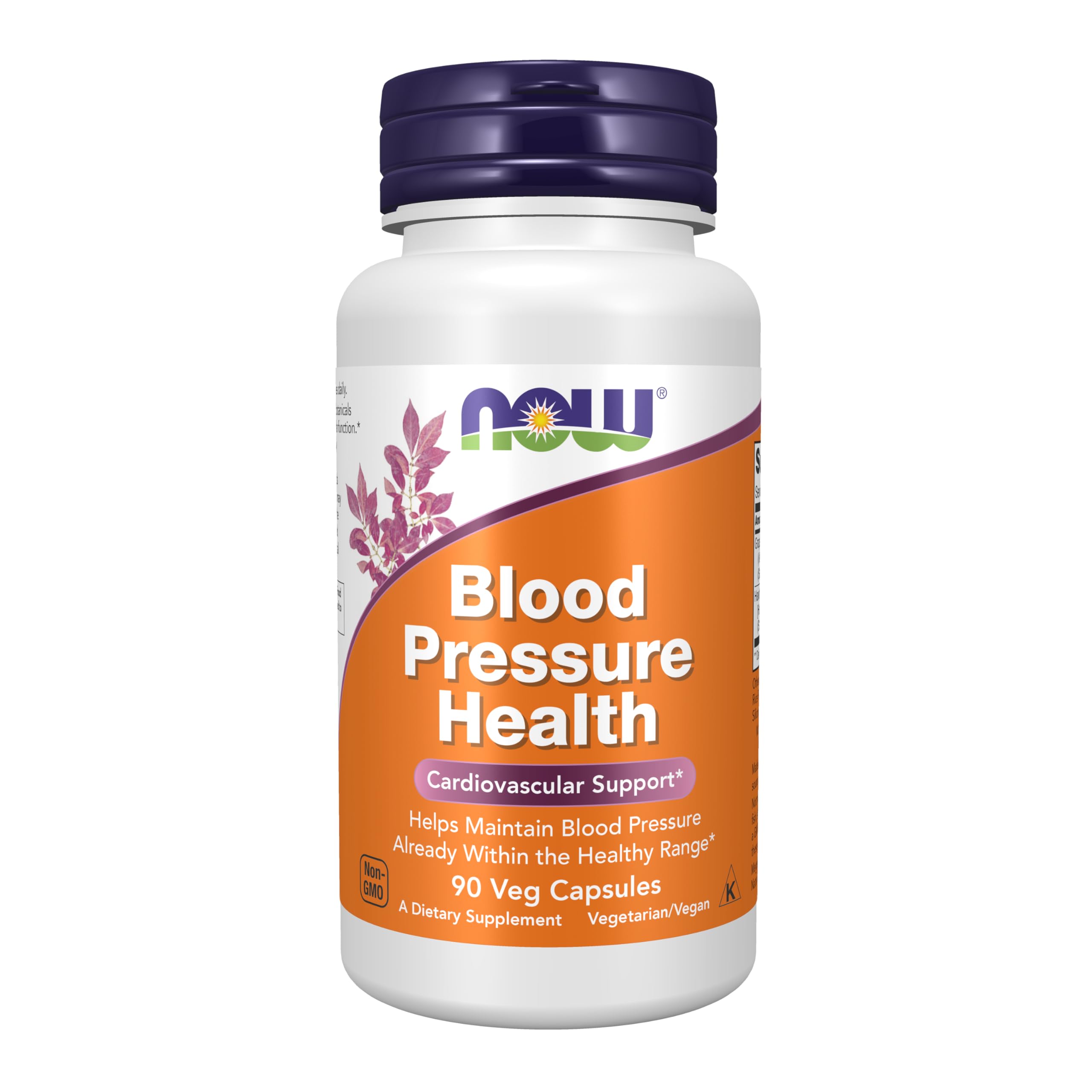 NOW Foods Blood Pressure Health bottle front highlighting two botanicals for cardiovascular support