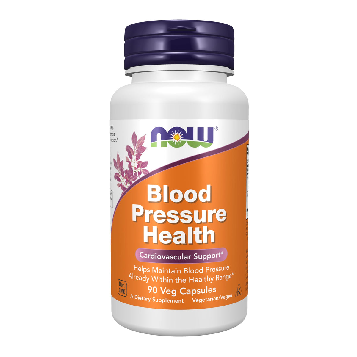 NOW Foods Blood Pressure Health bottle front highlighting two botanicals for cardiovascular support