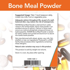 NOW Foods bone meal powder label close-up highlights simple mineral content.