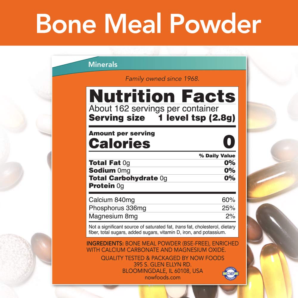 NOW Foods bone meal powder scoop for easy portioning into shakes or yogurt.