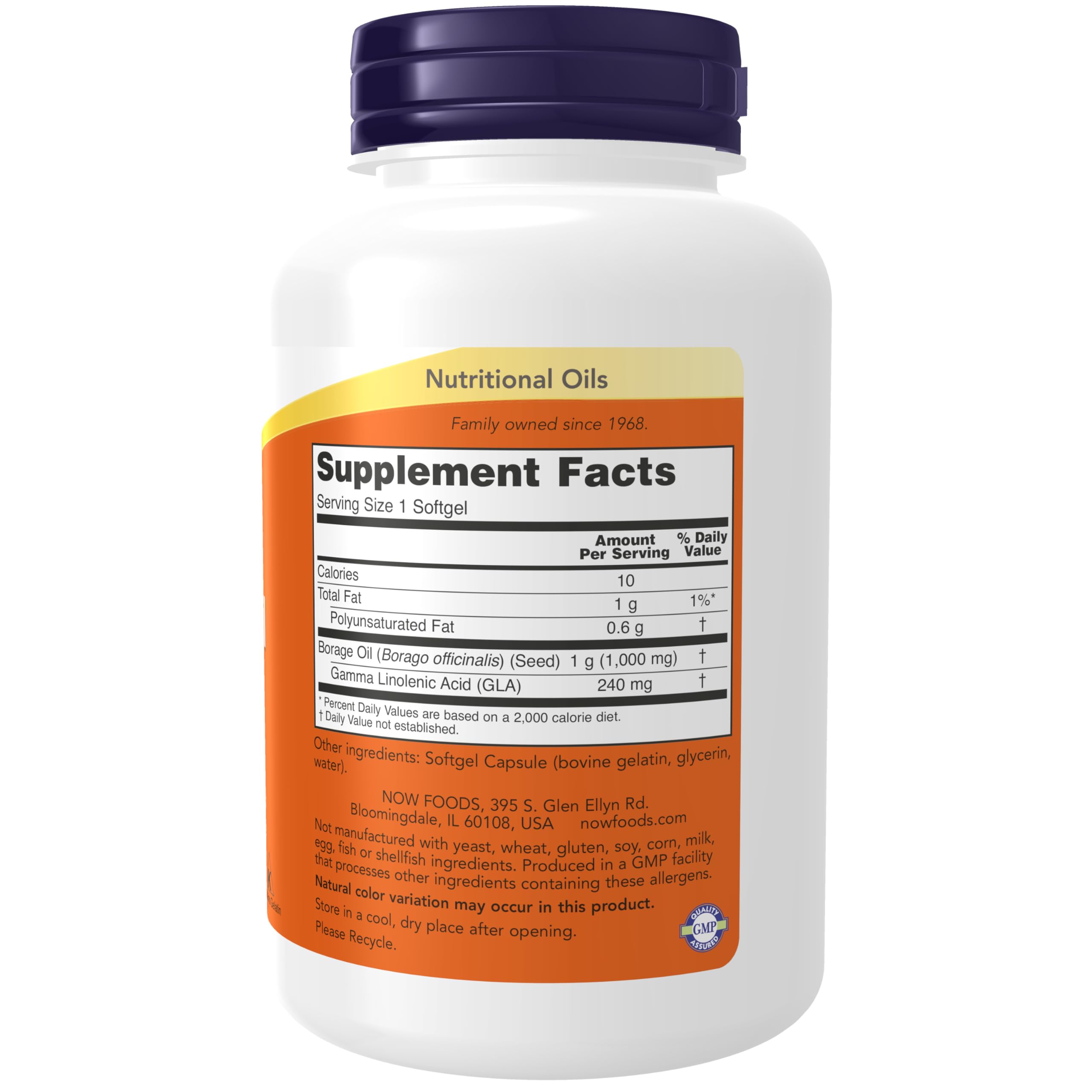 NOW Foods Borage Oil softgels closeup highlighting expeller-pressed hexane-free formula